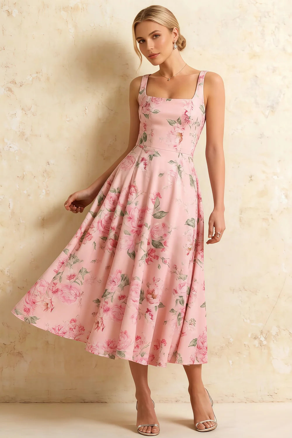 Gina Pink Floral Boden Square Neck Midi Dress