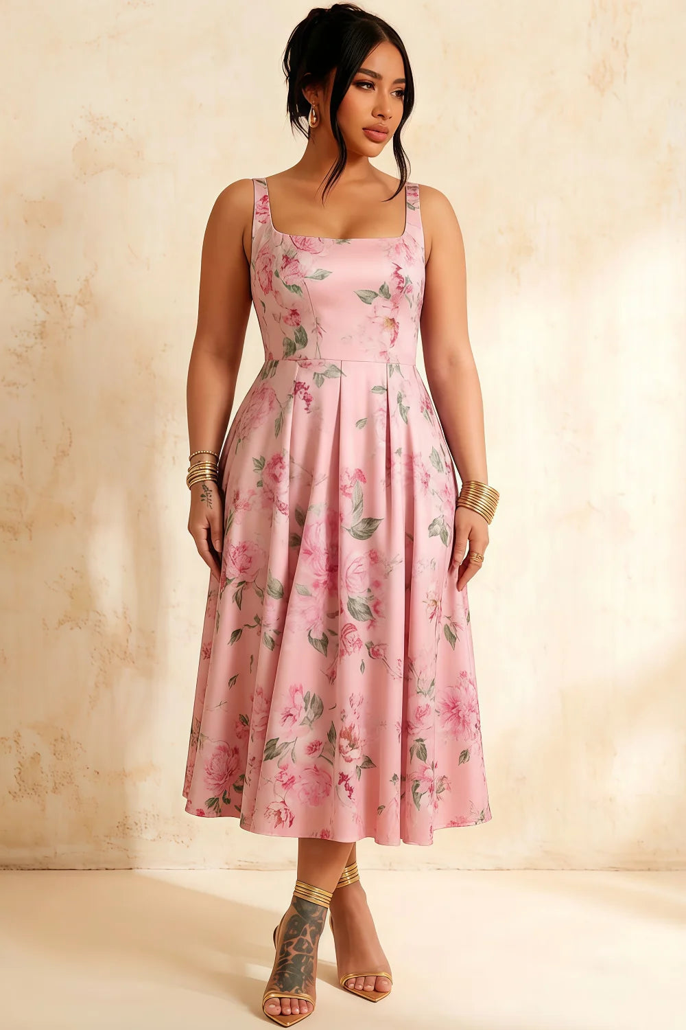 Gina Pink Floral Boden Square Neck Midi Dress