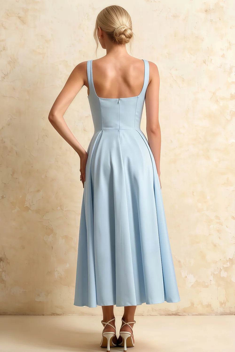 Gina Powder Blue Midi Dress with Square Neck
