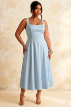 Gina Powder Blue Midi Dress with Square Neck