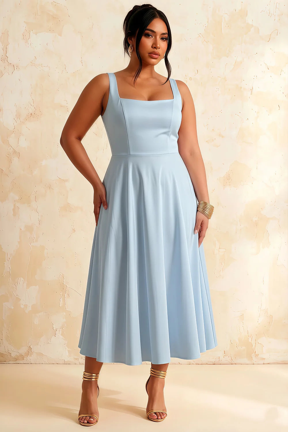 Gina Powder Blue Midi Dress with Square Neck