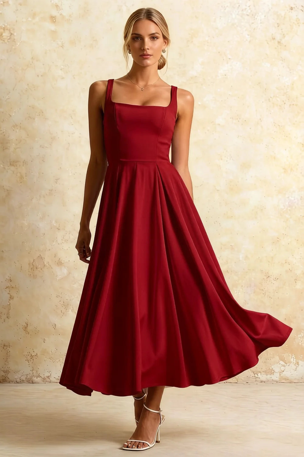 Gina Red Flowy Square Neck Midi Dress | Pleated A-Line Gown Main image