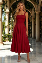 Gina Red Flowy Square Neck Midi Dress | Pleated A-Line Gown