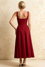 Gina Red Flowy Square Neck Midi Dress | Pleated A-Line Gown