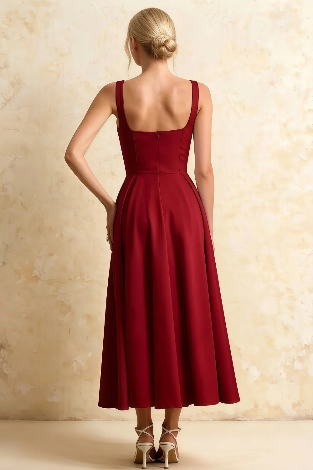 Gina Red Flowy Square Neck Midi Dress | Pleated A-Line Gown