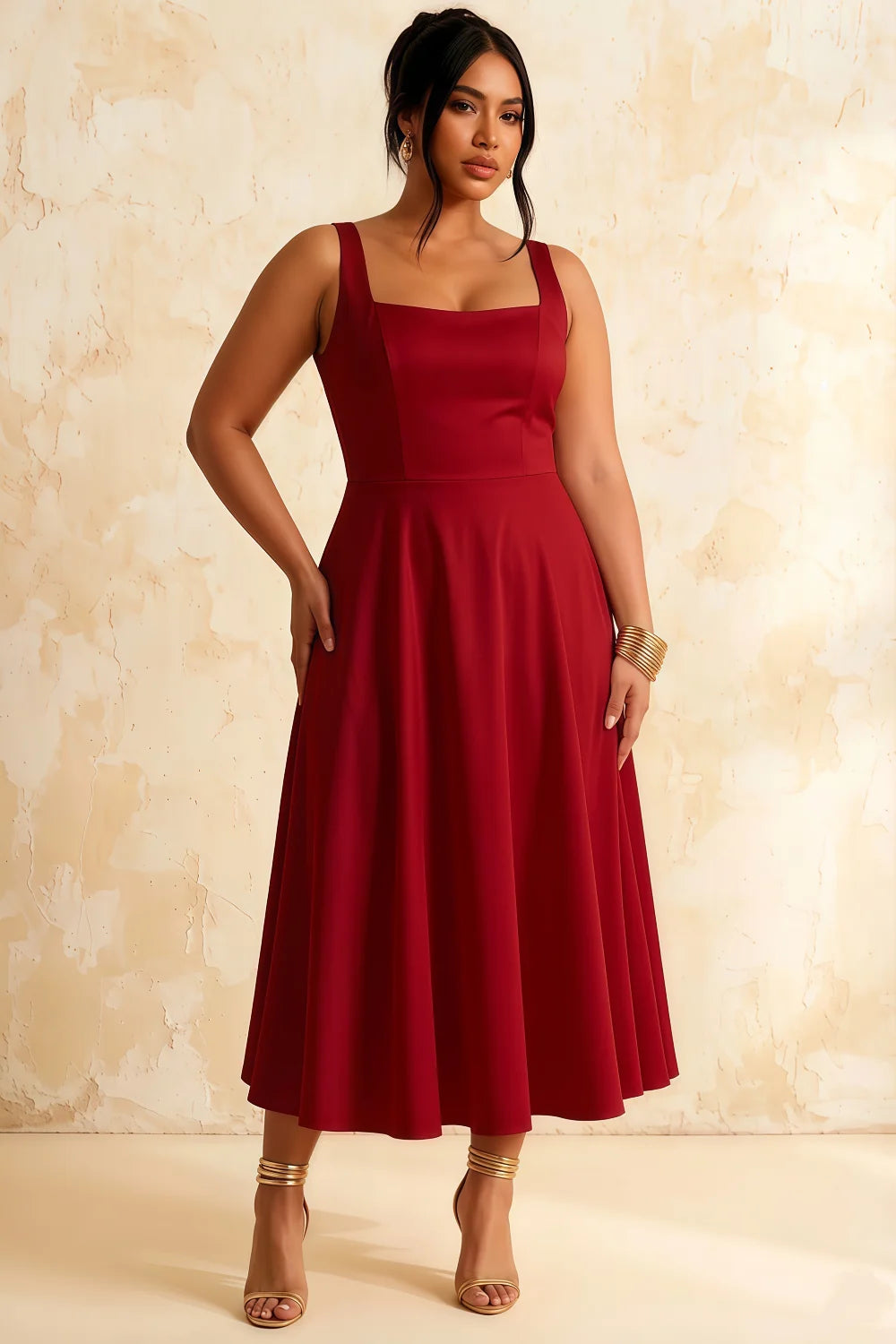 Gina Red Flowy Square Neck Midi Dress | Pleated A-Line Gown