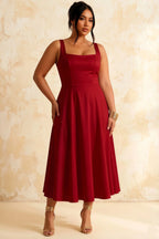 Gina Red Flowy Square Neck Midi Dress | Pleated A-Line Gown