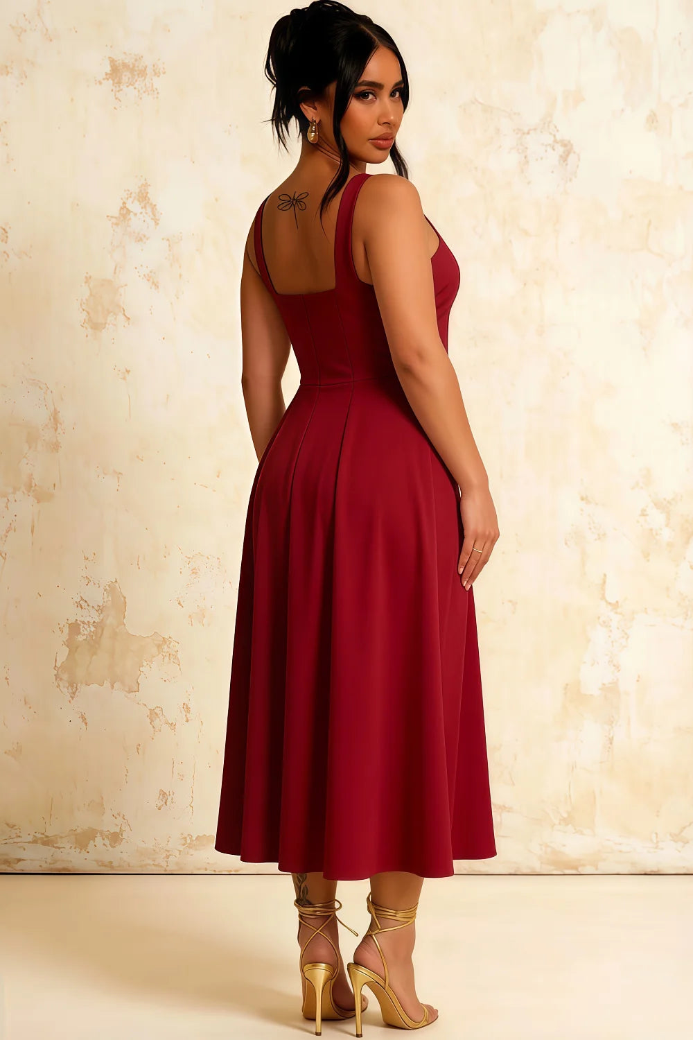 Gina Red Flowy Square Neck Midi Dress | Pleated A-Line Gown