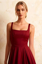 Gina Red Flowy Square Neck Midi Dress | Pleated A-Line Gown