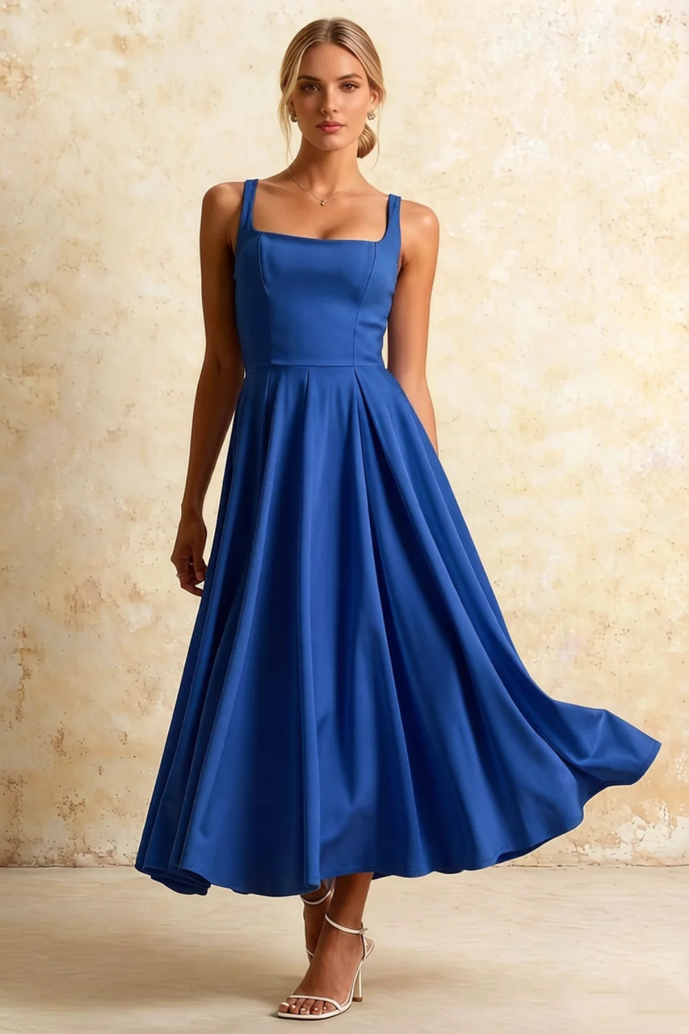 Vestido midi Gina azul real de cuello cuadrado | Elegante vestido de corte A Imagen principal del producto