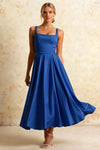 Gina Royal Blue Gap Square Neck Midi Dress | Elegant A-Line Gown