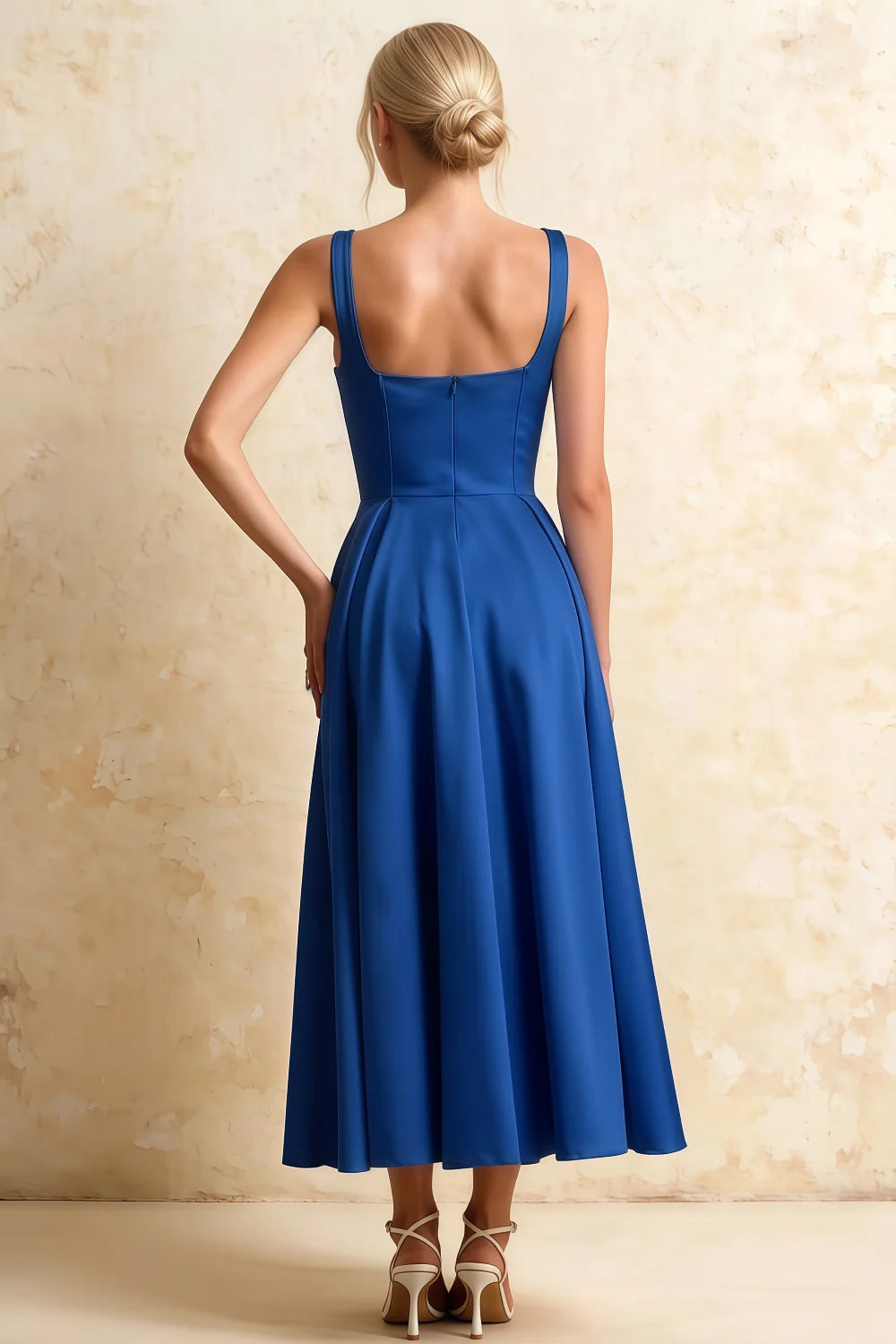 Gina Royal Blue Gap Square Neck Midi Dress | Elegant A-Line Gown