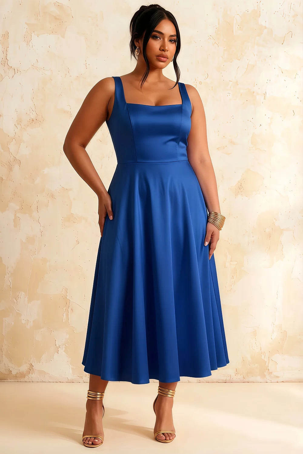 Gina Royal Blue Gap Square Neck Midi Dress | Elegant A-Line Gown