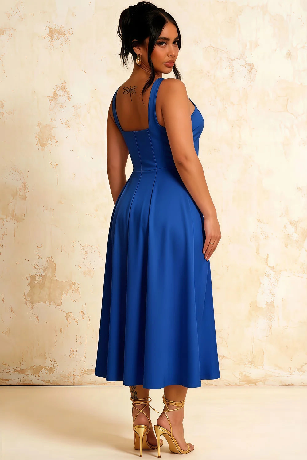 Gina Royal Blue Gap Square Neck Midi Dress | Elegant A-Line Gown