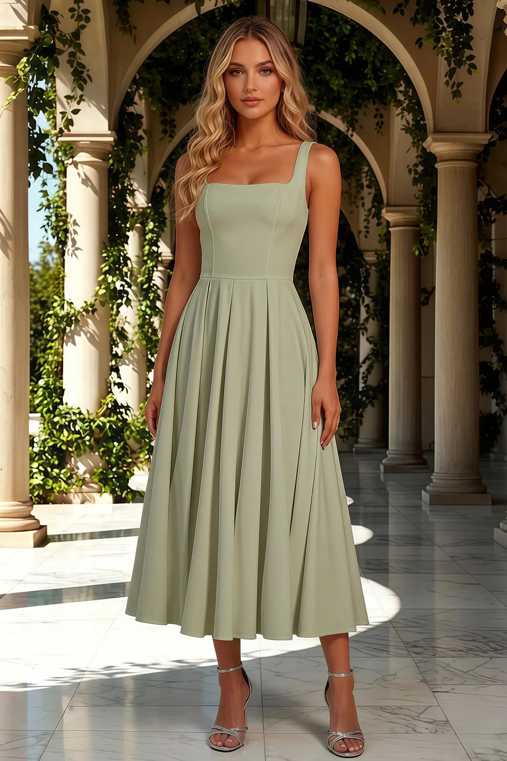 Gina Sage Green Square Neck Midi Dress | Elegant Midi