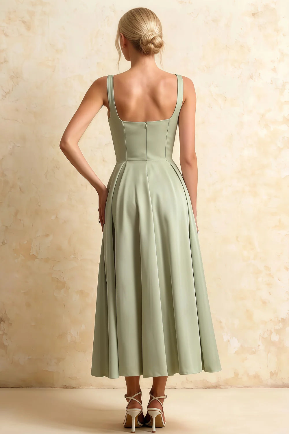 Gina Sage Green Square Neck Midi Dress | Elegant Midi