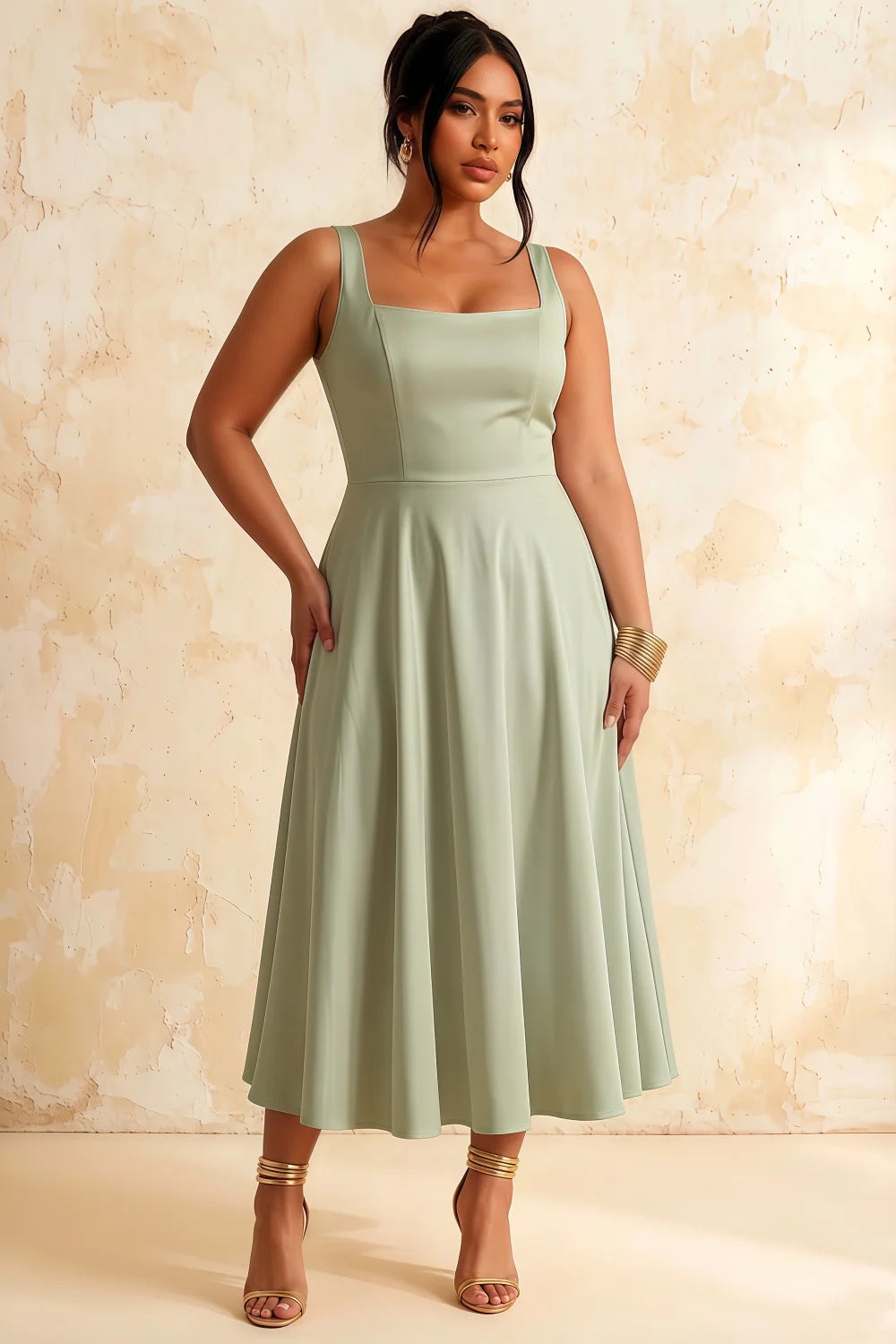 Gina Sage Green Square Neck Midi Dress | Elegant Midi