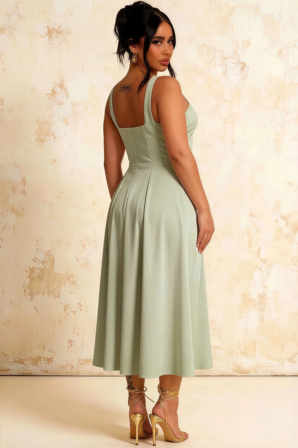 Gina Sage Green Square Neck Midi Dress | Elegant Midi