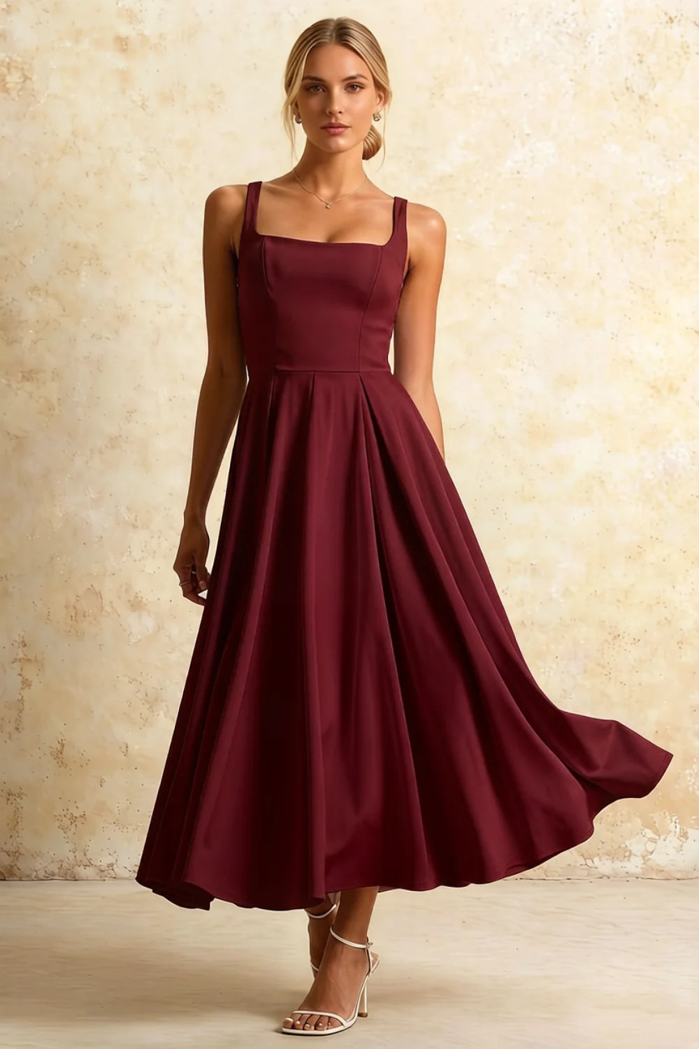 Gina Sangria Ruched Square Neck Midi Dress Main image