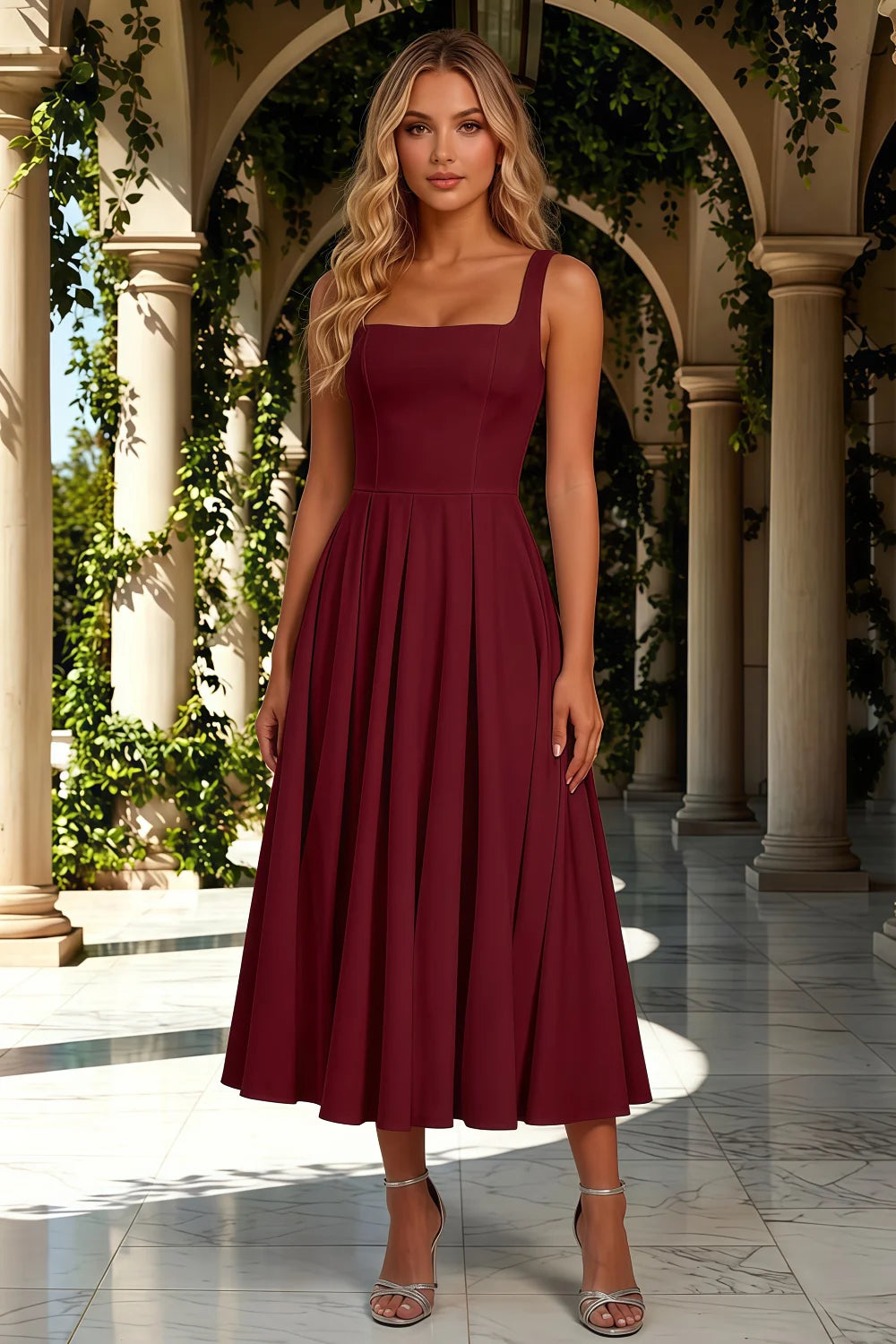 Gina Sangria Ruched Square Neck Midi Dress Secondary image
