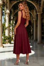 Gina Sangria Ruched Square Neck Midi Dress