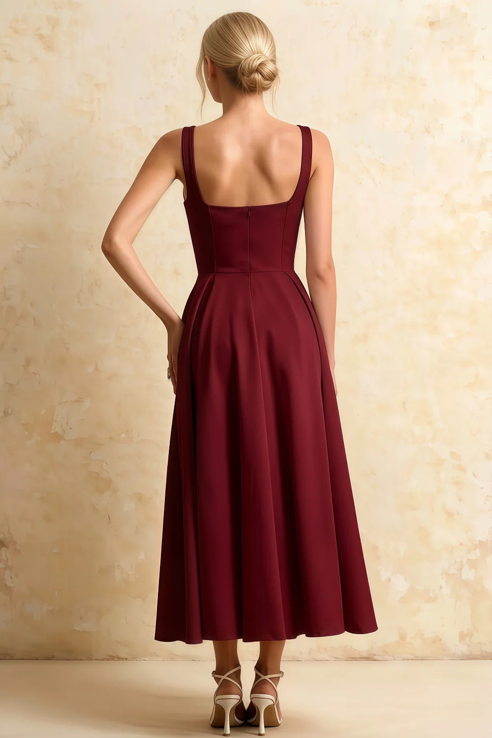 Gina Sangria Ruched Square Neck Midi Dress