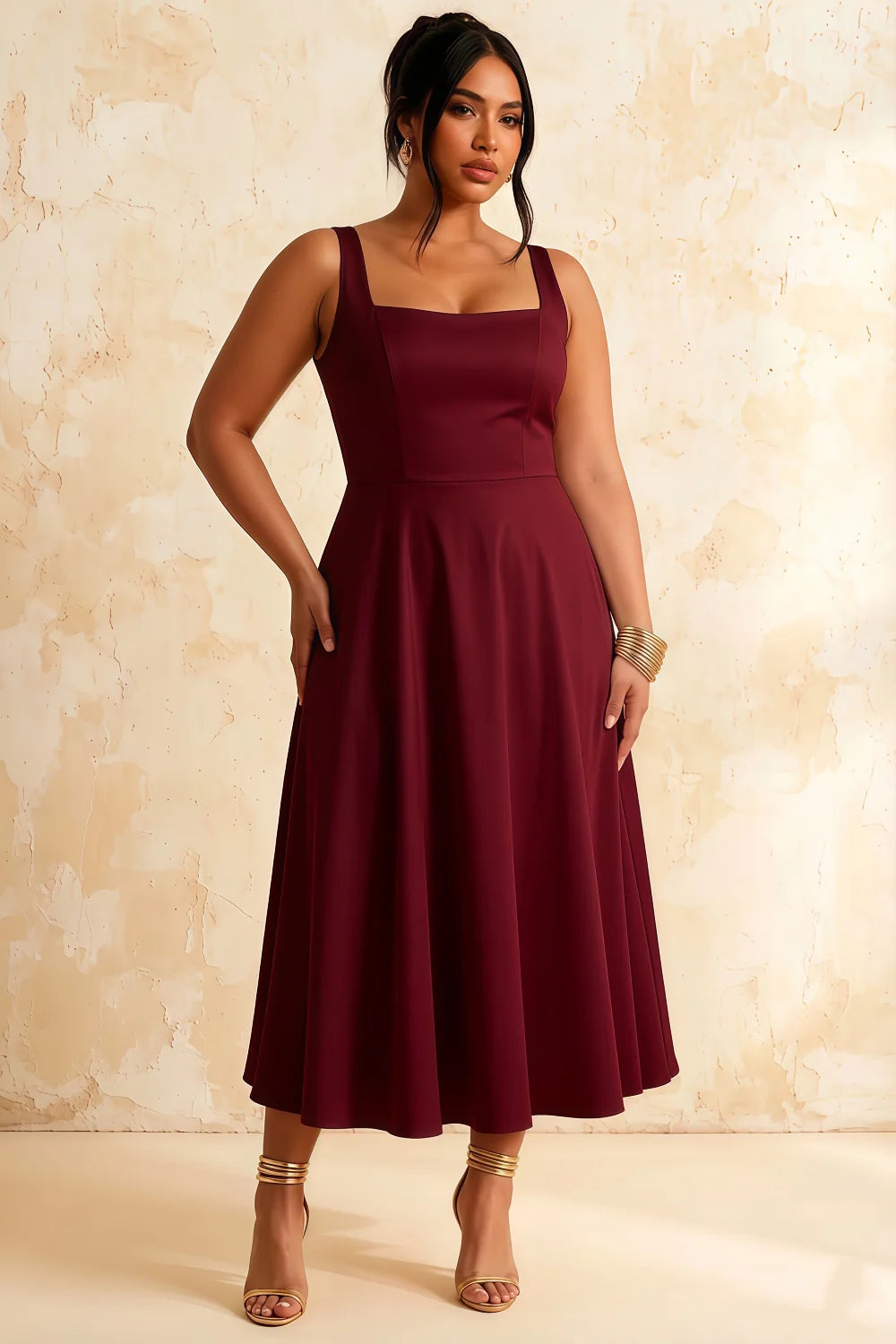 Gina Sangria Ruched Square Neck Midi Dress