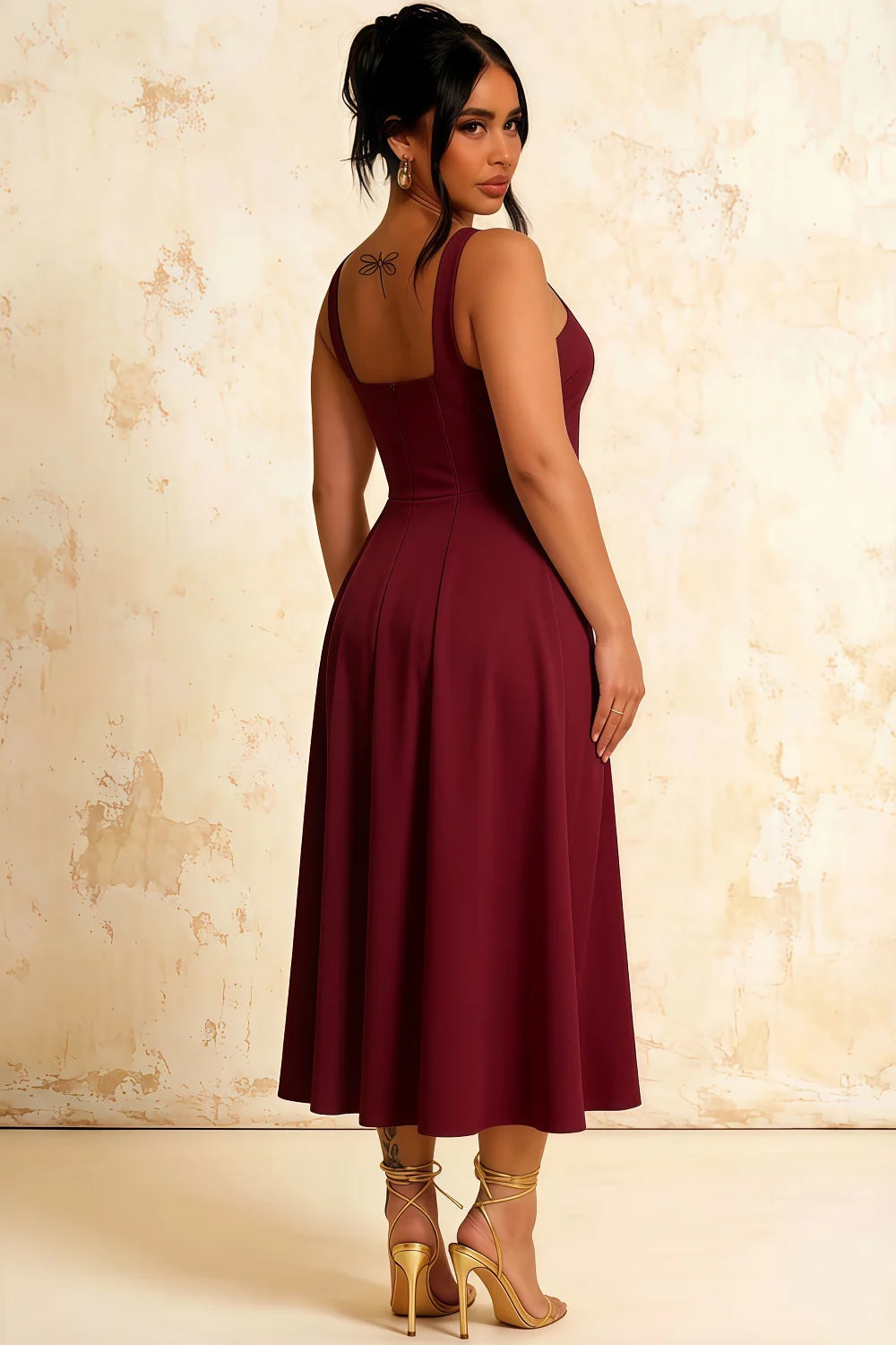 Gina Sangria Ruched Square Neck Midi Dress