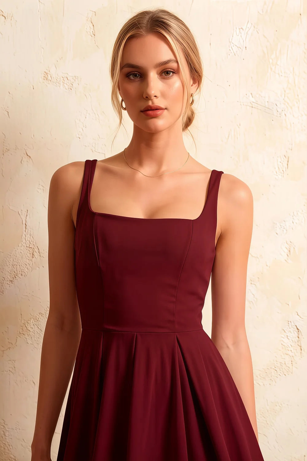 Gina Sangria Ruched Square Neck Midi Dress