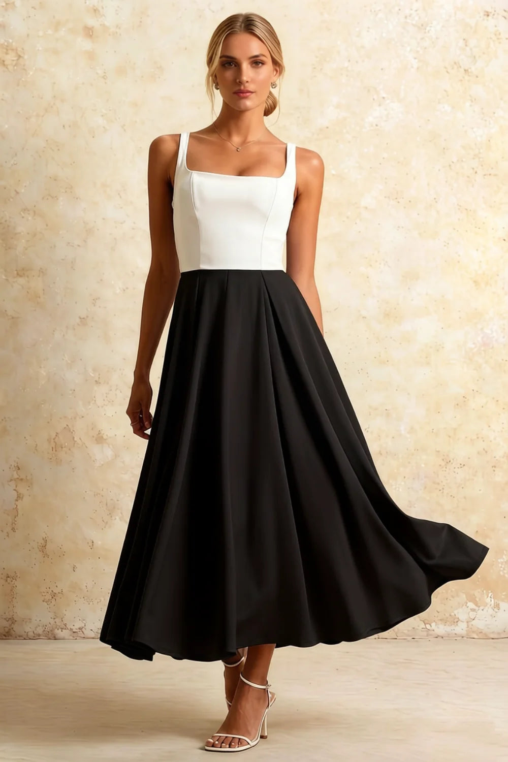 Gina White and Black Square Neck Midi Dress | Timeless A-Line Style Main image