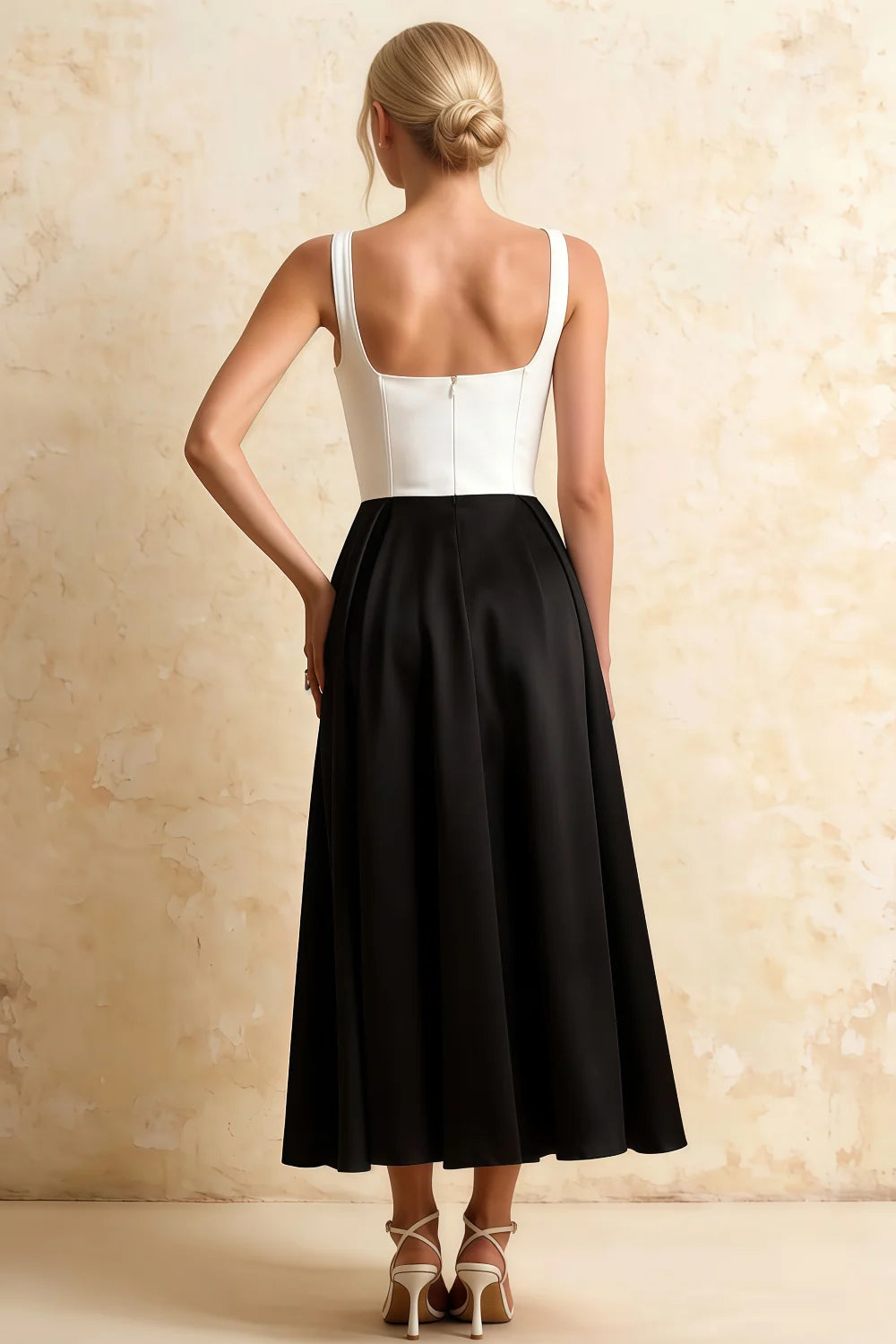 Gina White and Black Square Neck Midi Dress | Timeless A-Line Style