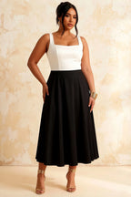 Gina White and Black Square Neck Midi Dress | Timeless A-Line Style