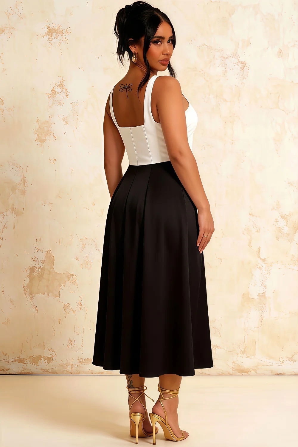 Gina White and Black Square Neck Midi Dress | Timeless A-Line Style