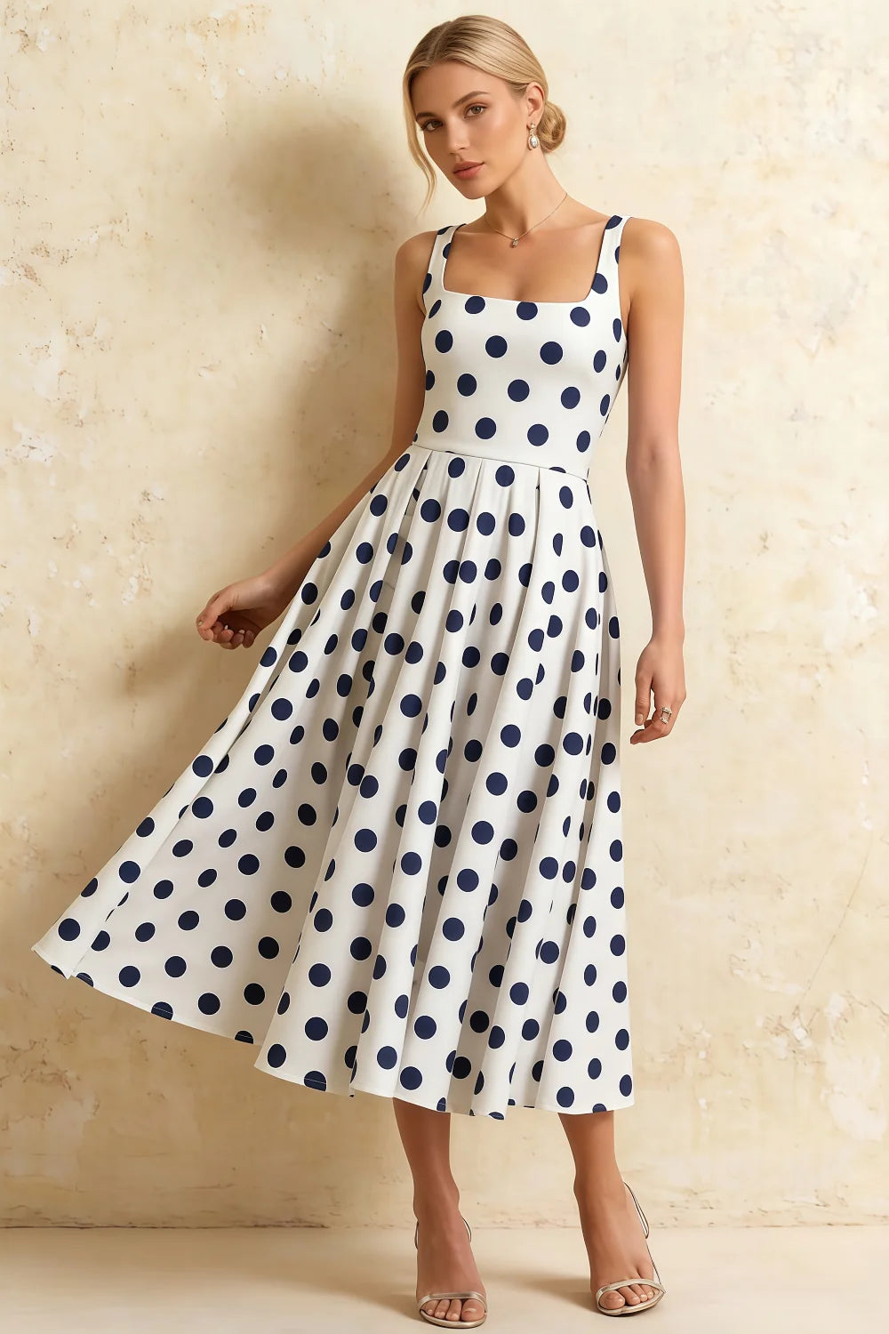 Gina White and Navy Polka Dot Square Neck Midi Dress Main image