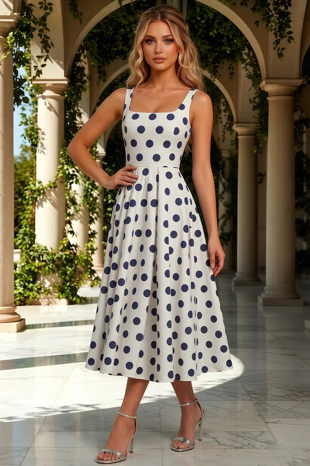 Gina White and Navy Polka Dot Square Neck Midi Dress