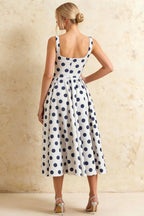Gina White and Navy Polka Dot Square Neck Midi Dress
