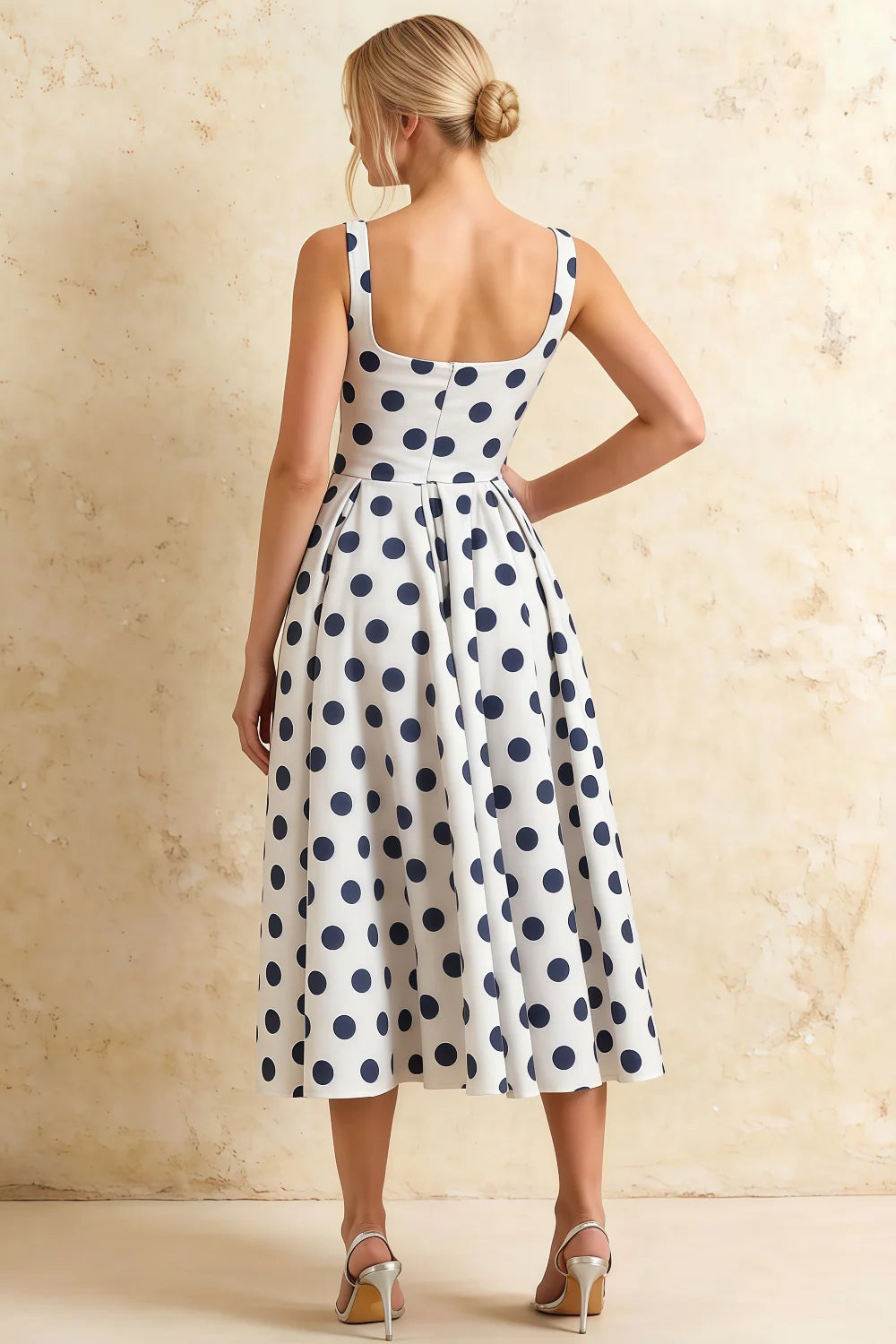 Gina White and Navy Polka Dot Square Neck Midi Dress