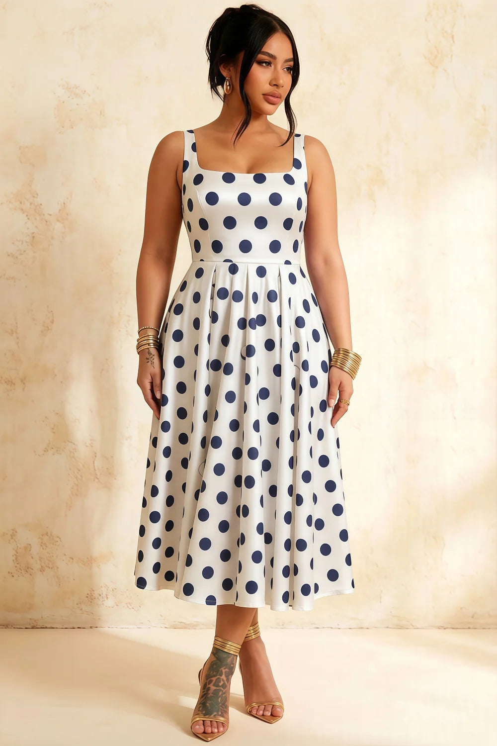 Gina White and Navy Polka Dot Square Neck Midi Dress