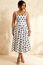 Gina White and Navy Polka Dot Square Neck Midi Dress