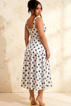 Gina White and Navy Polka Dot Square Neck Midi Dress