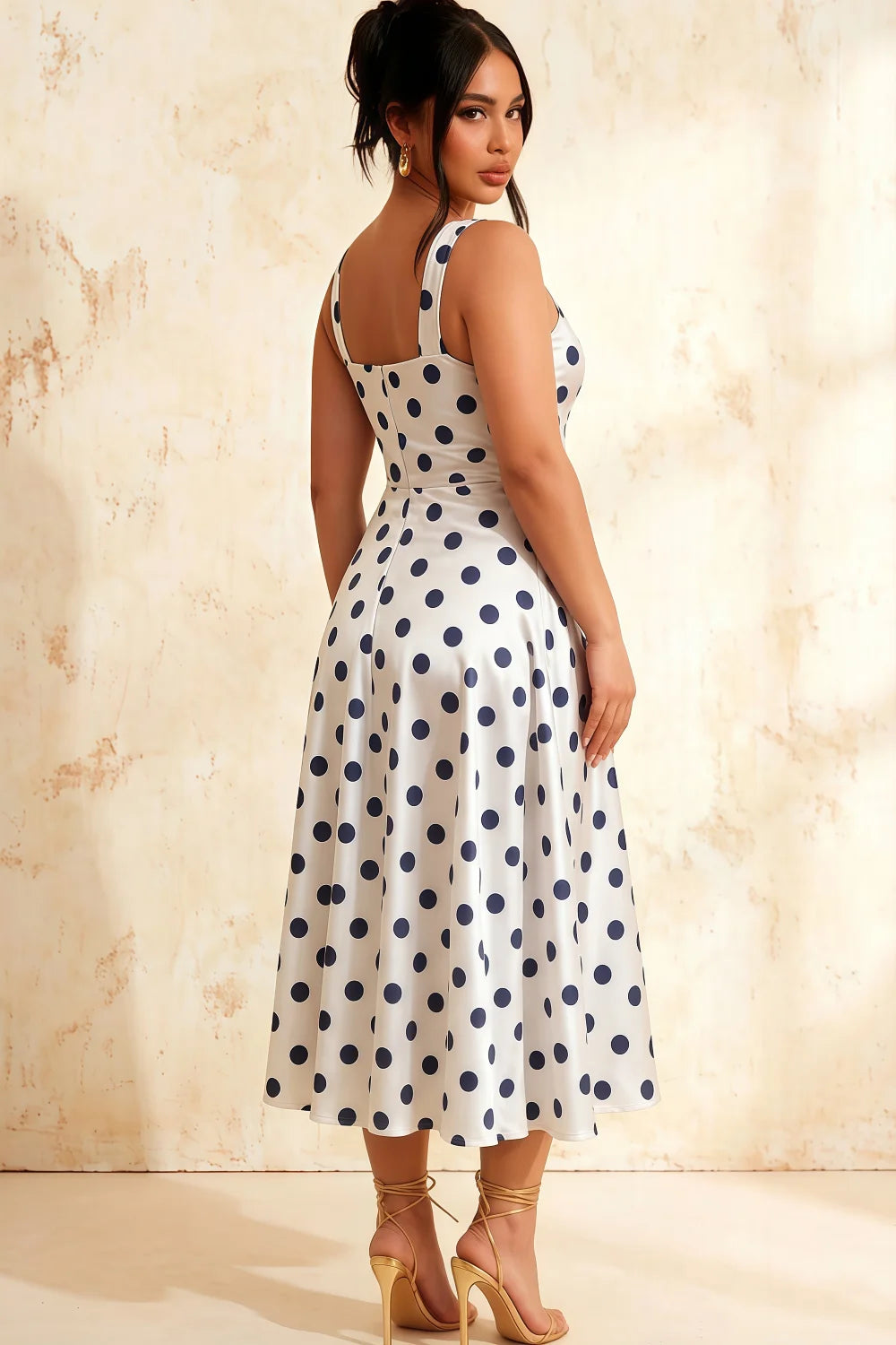 Gina White and Navy Polka Dot Square Neck Midi Dress