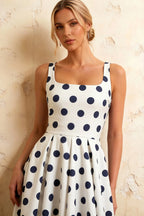 Gina White and Navy Polka Dot Square Neck Midi Dress