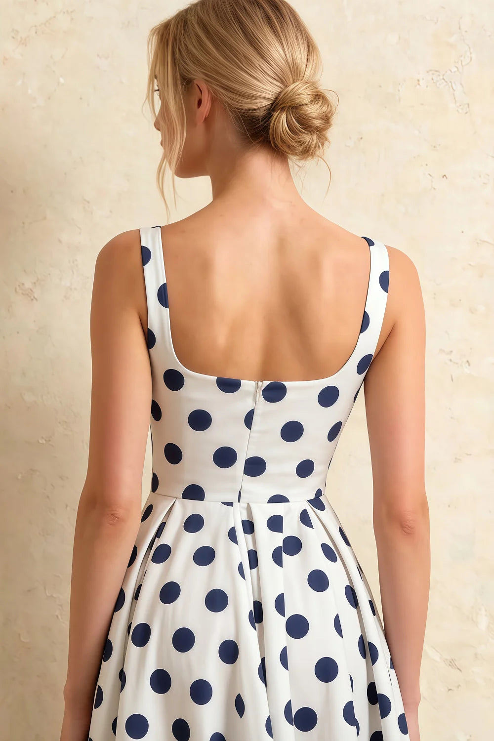Gina White and Navy Polka Dot Square Neck Midi Dress