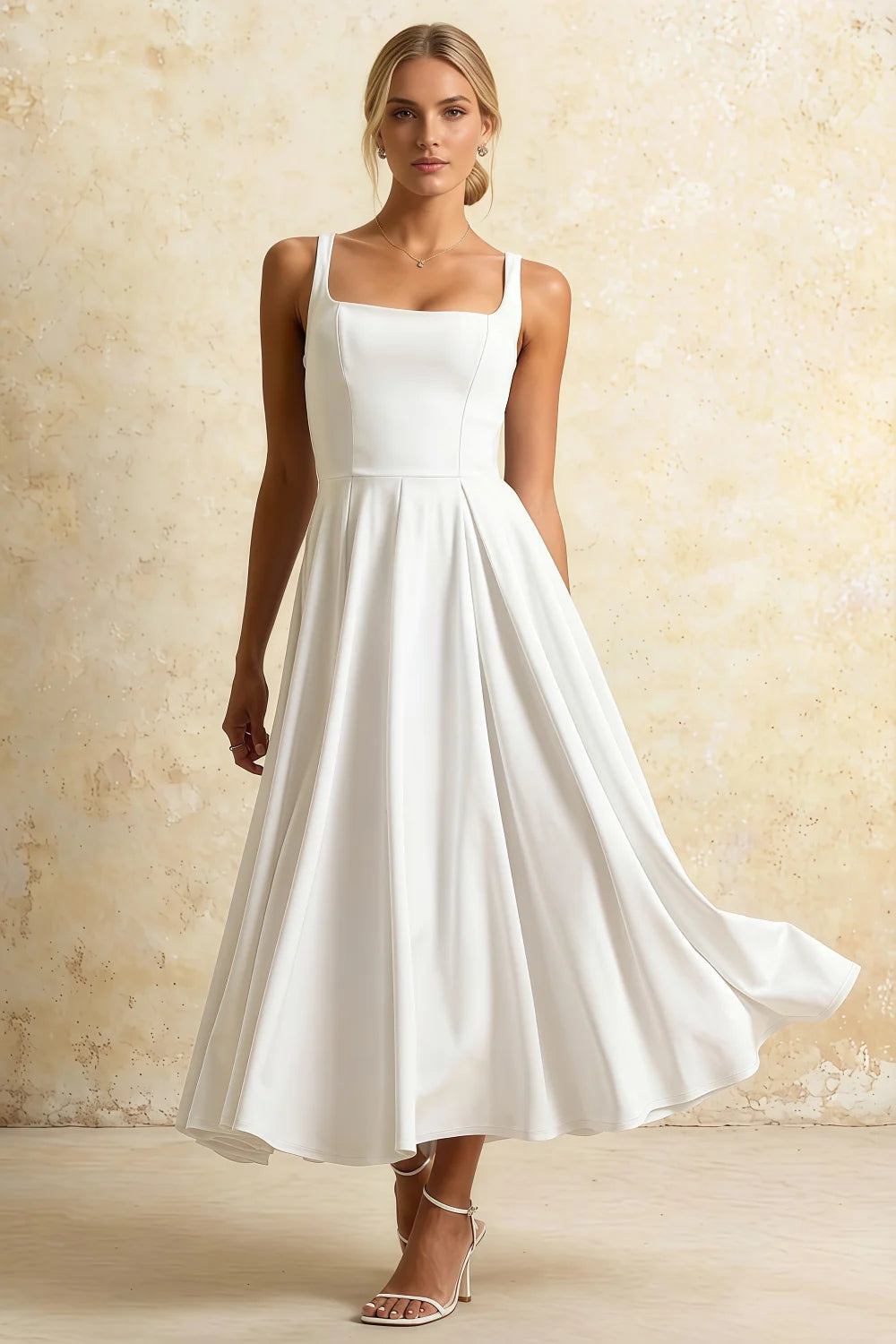 Gina White Square Neck Midi Dress | Elegant A-Line