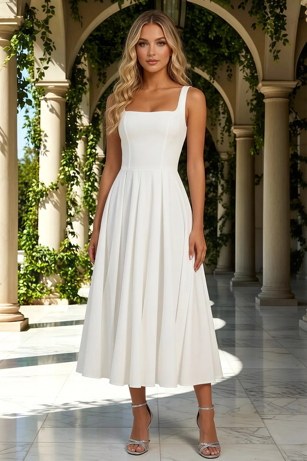 Gina White Square Neck Midi Dress | Elegant A-Line
