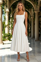 Gina White Square Neck Midi Dress | Elegant A-Line