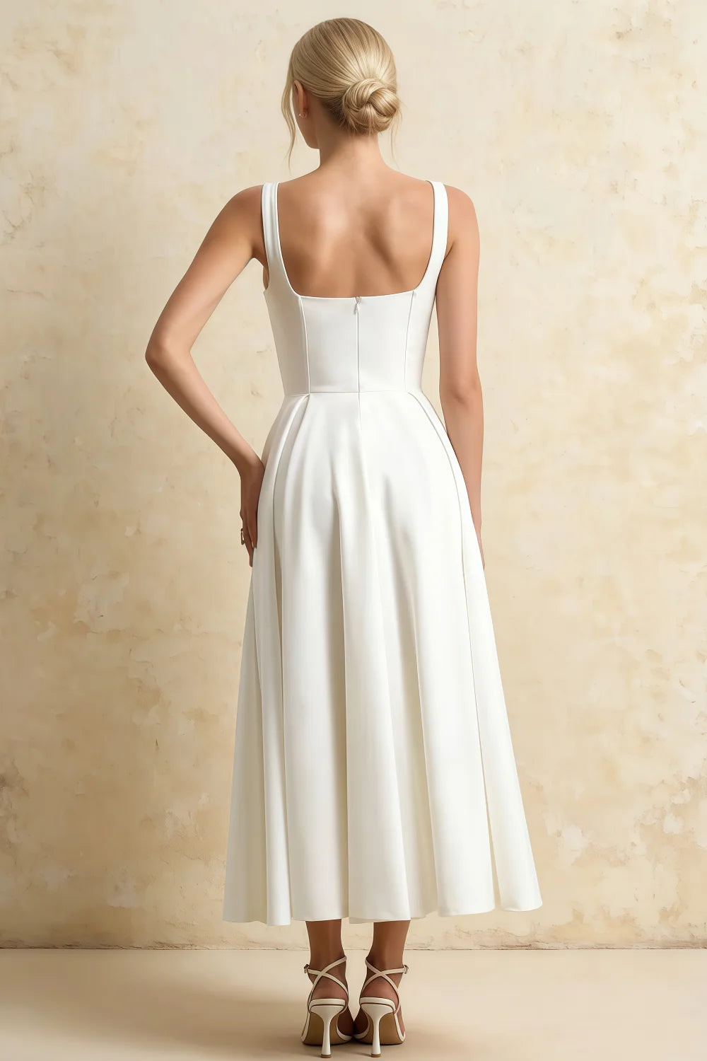 Gina White Square Neck Midi Dress | Elegant A-Line