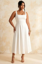 Gina White Square Neck Midi Dress | Elegant A-Line