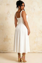 Gina White Square Neck Midi Dress | Elegant A-Line