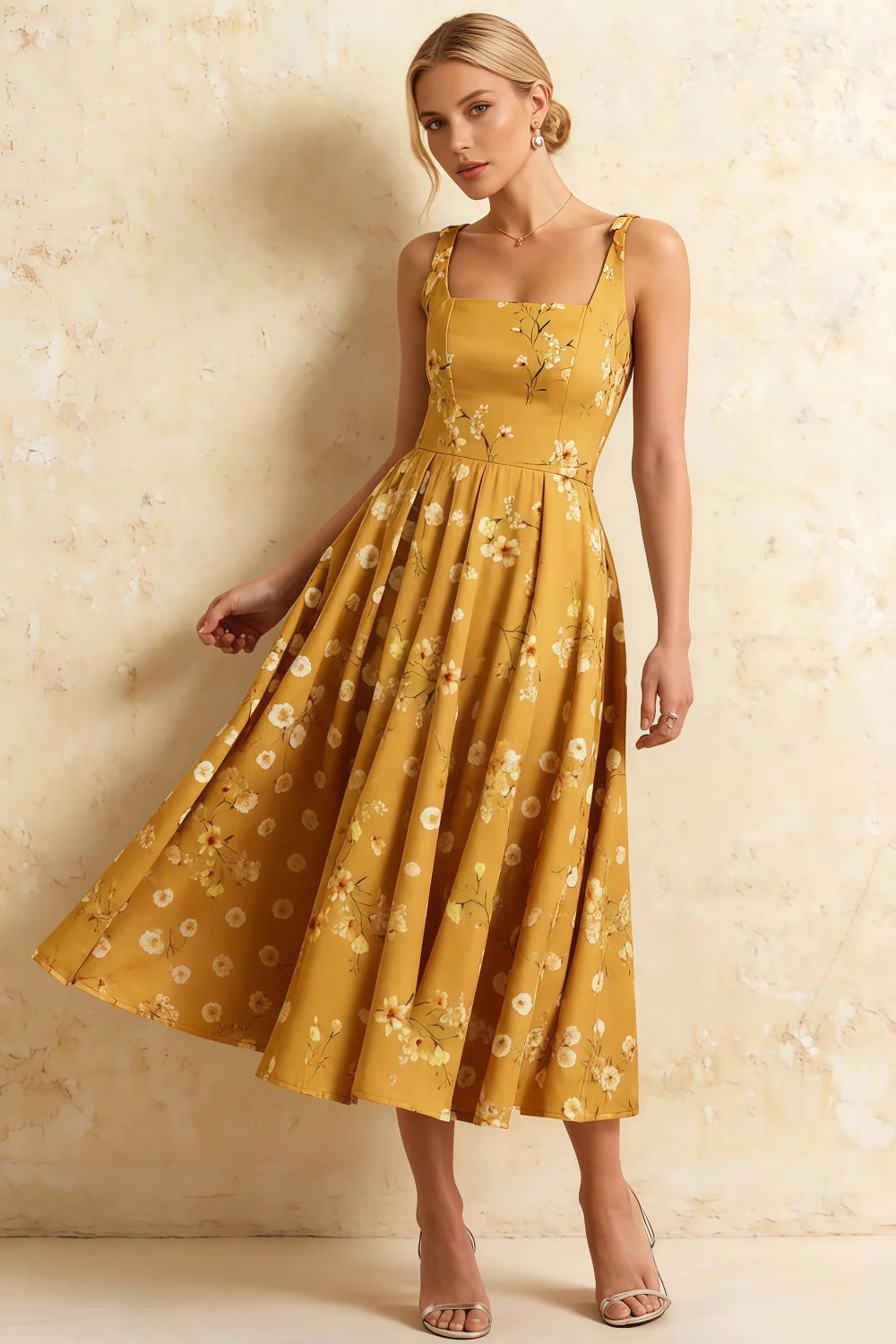 Vestido midi Gina con escote cuadrado y estampado floral amarillo Imagen principal del producto